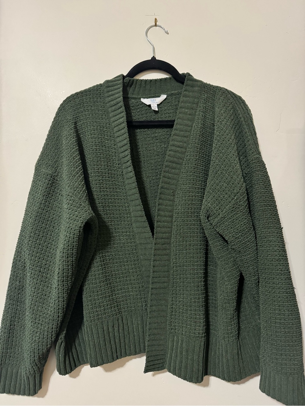 Time and Tru Olive Green Waffle Knit Open Cardigan